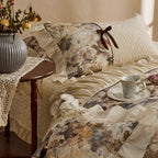 Romantic bedding set with frill, quilted panels and floral watercolor look