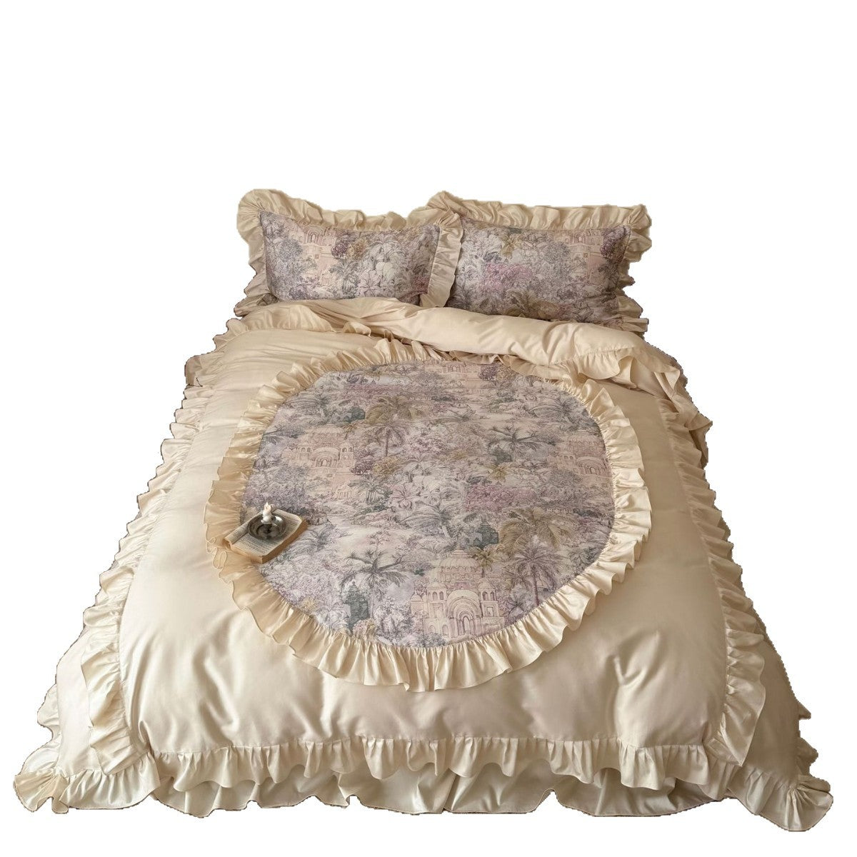 Romantic satin bedding set with ruffle and fine toile print
