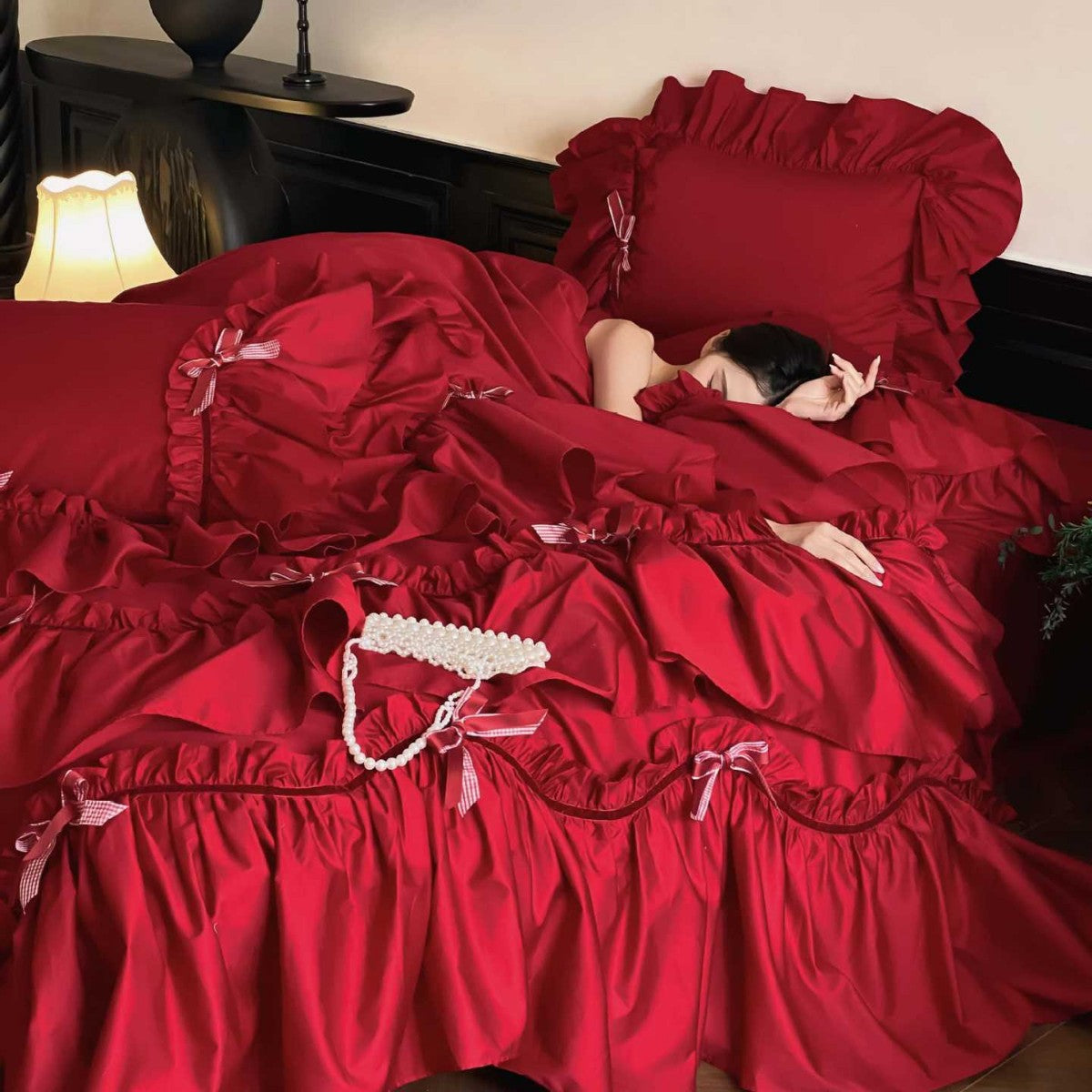 Luxurious Ruffle Satin Bedding Set with Ruffles and Decorative Ribbons