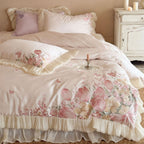 Luxurious embroidered satin bedding set with ruffles and floral details