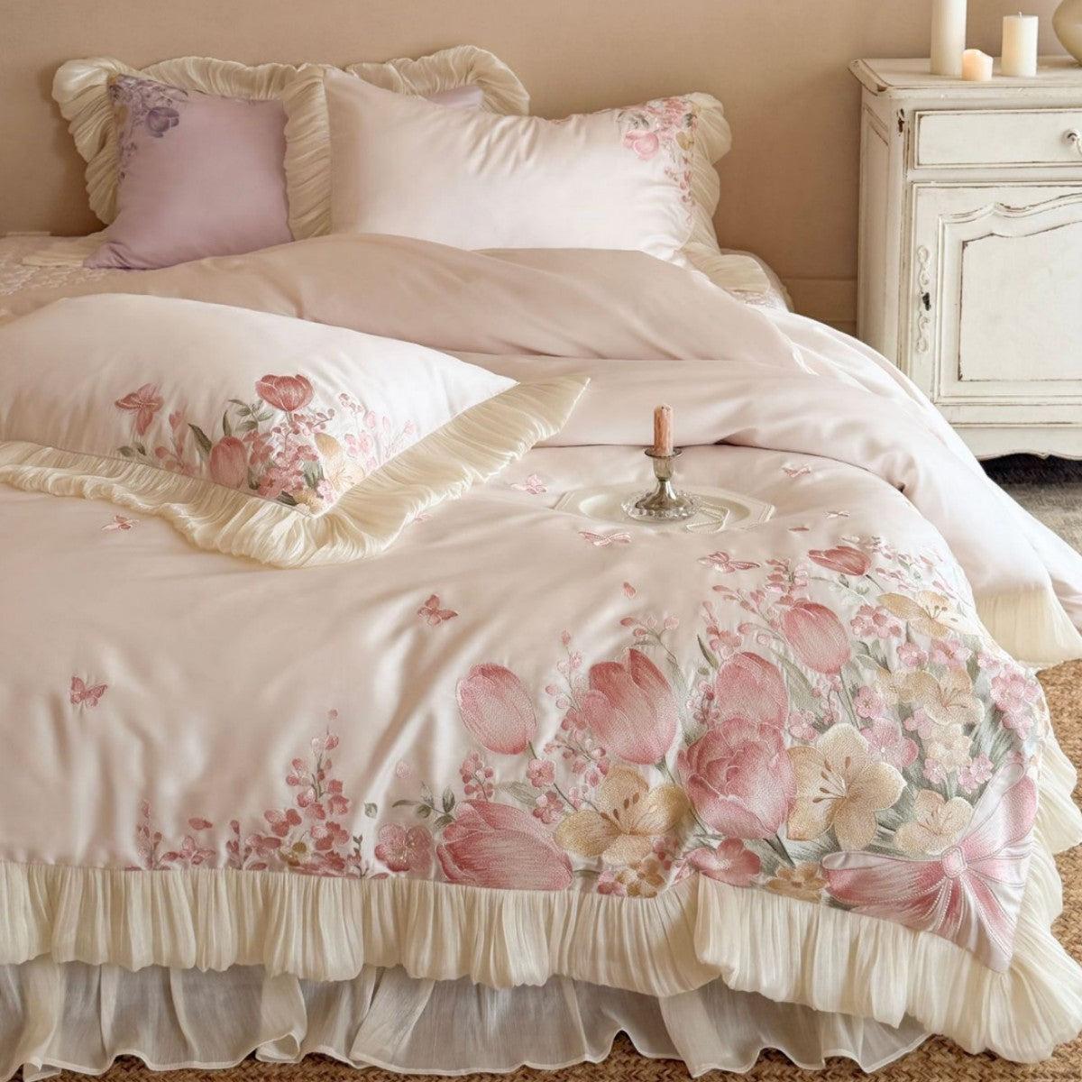 Luxurious embroidered satin bedding set with ruffles and floral details