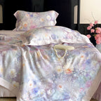 Luxurious satin bedding set with watercolor flower print and satin border