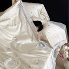 Luxurious cotton satin bedding set with cherry print, lace trim and frill