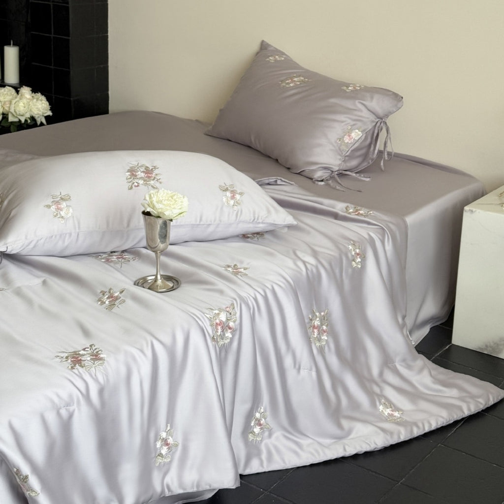 Luxurious Embroidered Satin Bedding Set with Rose Pattern and Ribbon Pillow