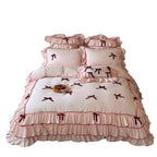 Romantic bedding set with ruffles, frills, and decorative bows