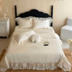Romantic bedspread set with pleated ruffles, fine embroidery and decorative pillows