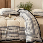 Country house style bedding set with striped floral border and fringes