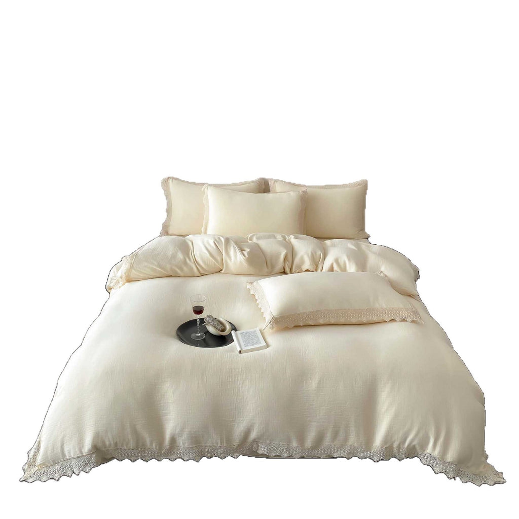 Linen-Cotton Duvet Cover Set with Crochet Lace Edge and Washed Finish