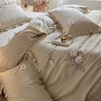 Cotton-Linen Duvet Cover Set with Ruffles and Embroidered Floral Design