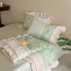 Bedding set with transparent chiffon overlay, 3D flower appliqués & ruffled edge