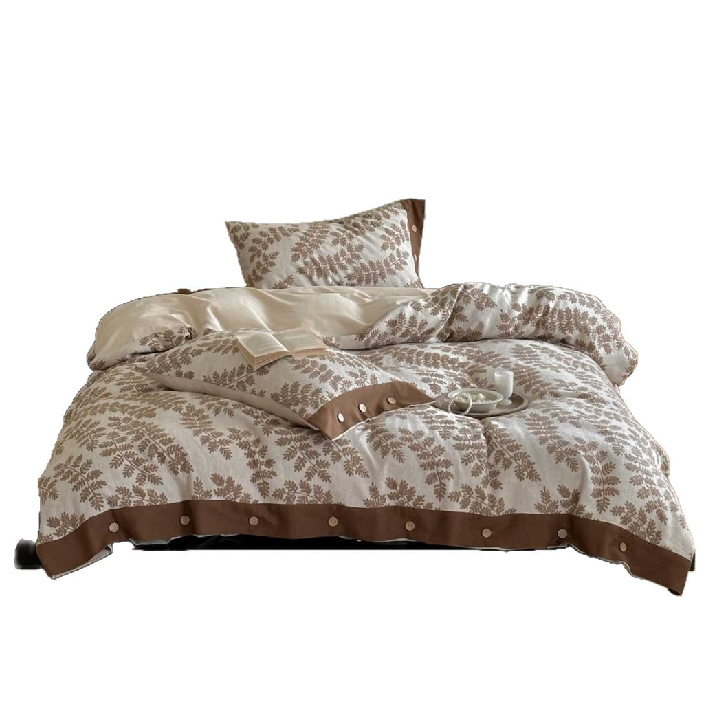 Bedding set made of cotton percale with leaf pattern and button placket