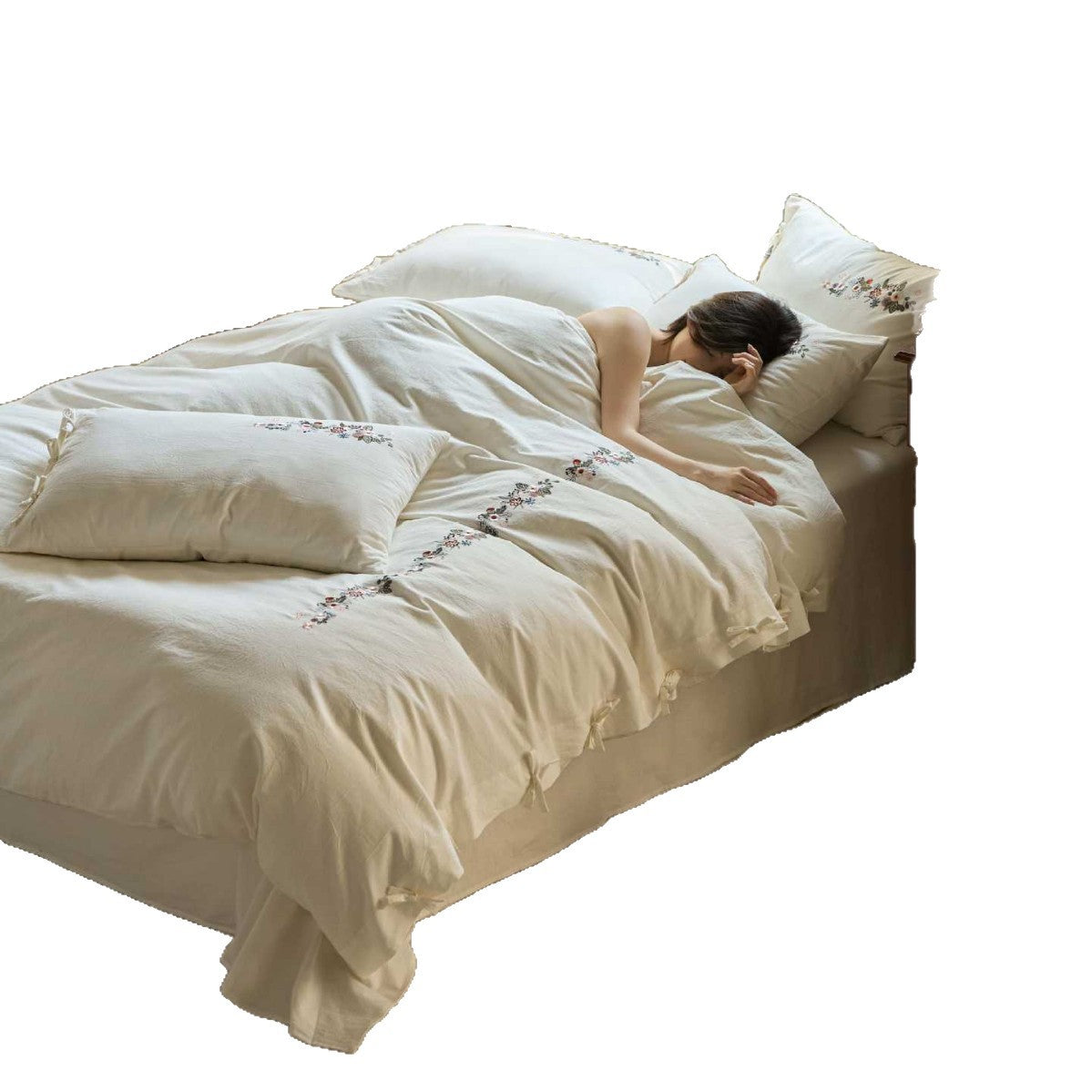 Embroidered cotton bedding set with floral border design and extra-soft percale quality