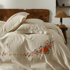 Linen-Cotton Duvet Cover Set with Floral Embroidery and Lace Edge