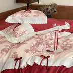 Romantic Cotton Bedding Set with Floral Embroidery, Lace Border and Decorative Ribbons
