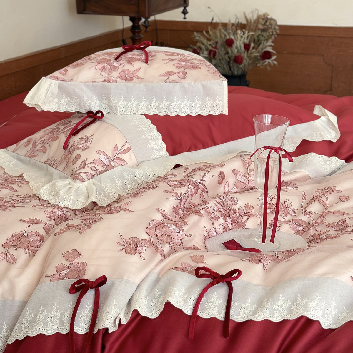Romantic Cotton Bedding Set with Floral Embroidery, Lace Border and Decorative Ribbons