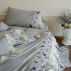 Luxurious cotton-linen bedding set with lace ruffle and floral embroidery