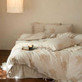 Bedding set made of linen look with floral jacquard weaving and decorative bows