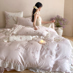 Satin bedding set with luxurious cotton satin quality, embroidered butterflies and roses, and ruffle