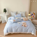 Children's bedding set with embroidered teddy bear applications and breathable cotton percale