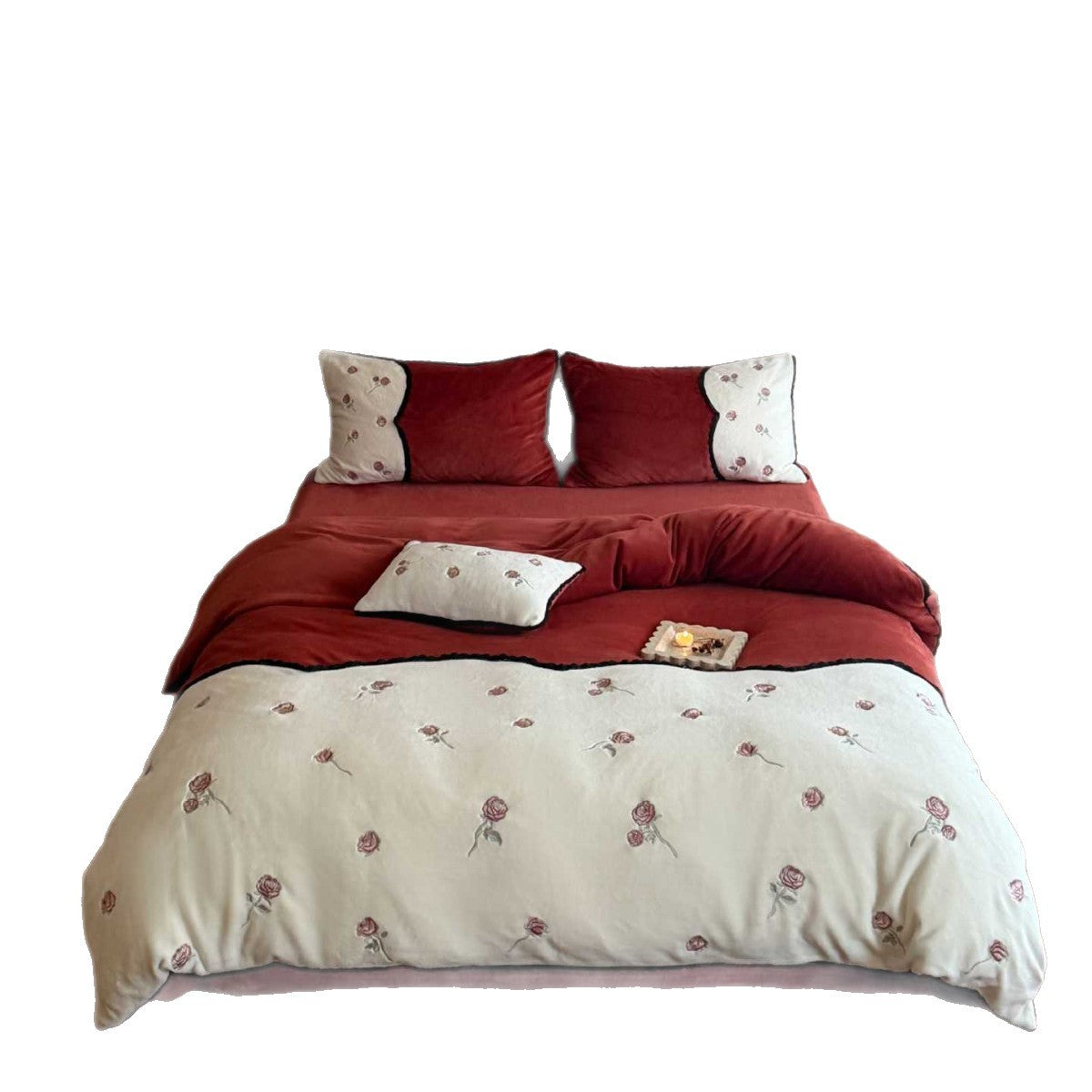 Embroidered bedding set with rose embroidery and contrasting piping