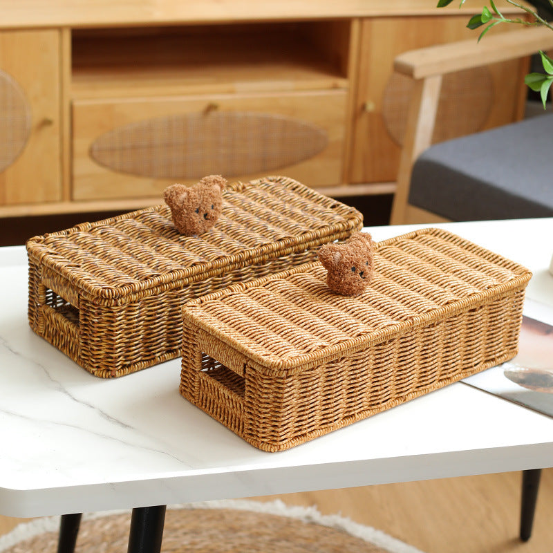 Decorative Woven Storage Box With Cute Bear Lid