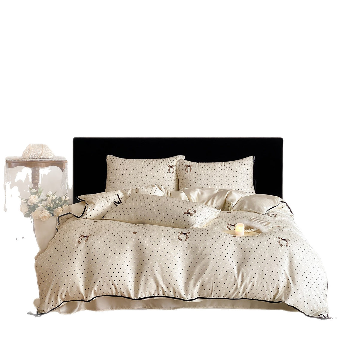 Luxurious satin bedding set with delicate polka dots and bow embroidery