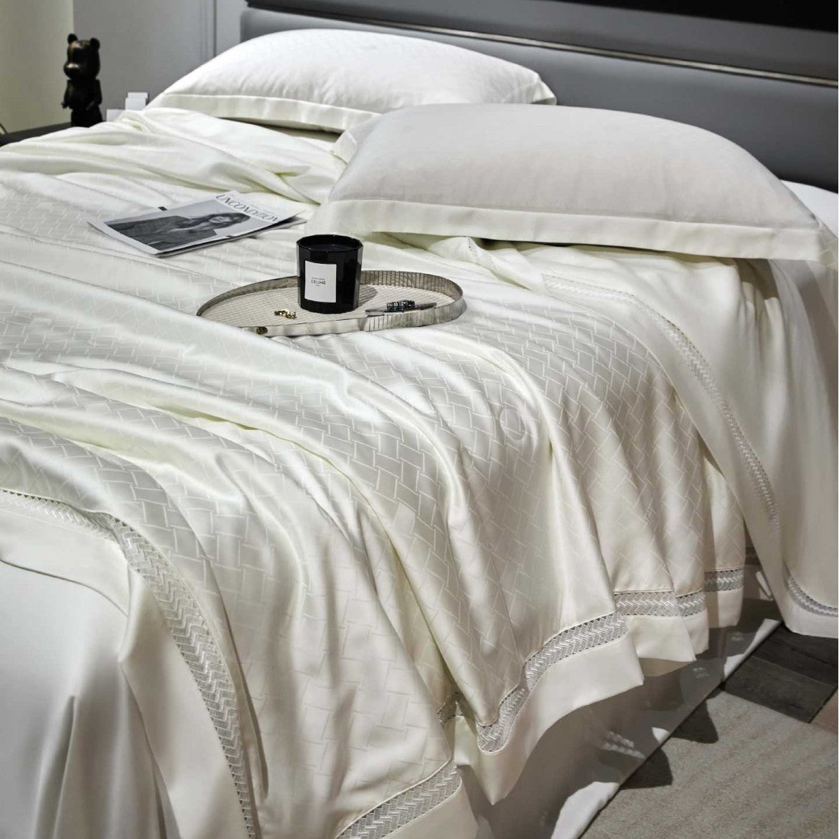 Satin-Duvet cover set with woven check jacquard and decorative border