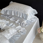 Luxurious satin bedding set with ruffles and fine bow jacquard