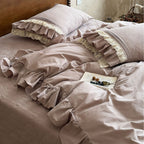 Romantic ruffle bedding set with lace trim and cotton-linen blend
