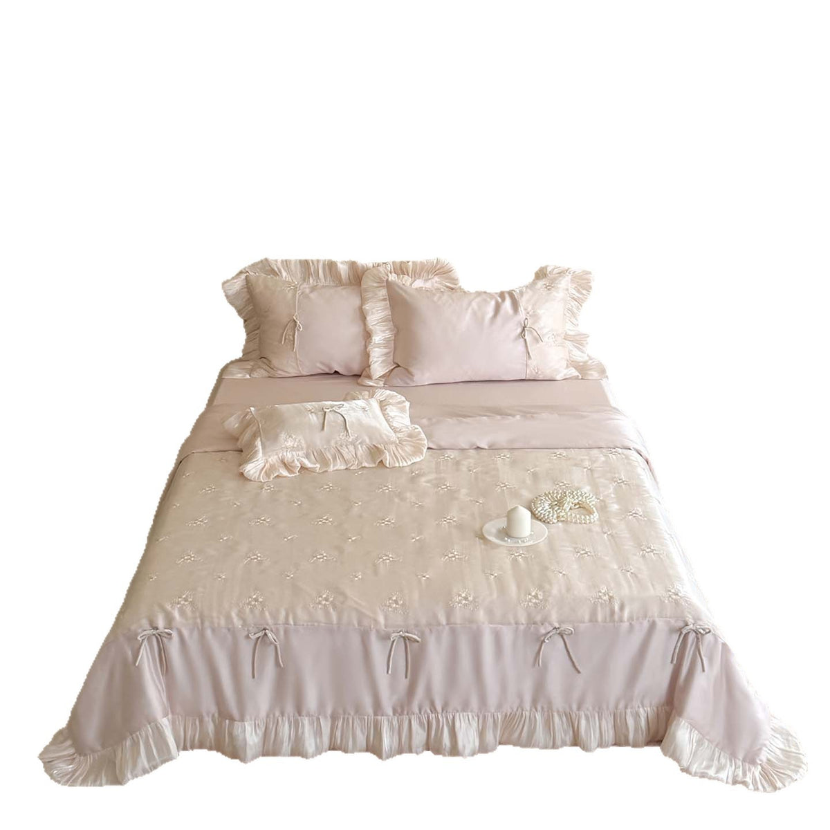 Satin-Duvet Cover Set with silky shiny finish, floral embroidery & ruffled trim