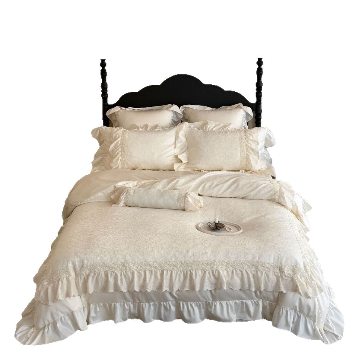 Fine structure crepe duvet cover with layered ruffle and lace trim