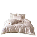 Luxurious satin bedding set with floral embroidery and butterfly appliqué