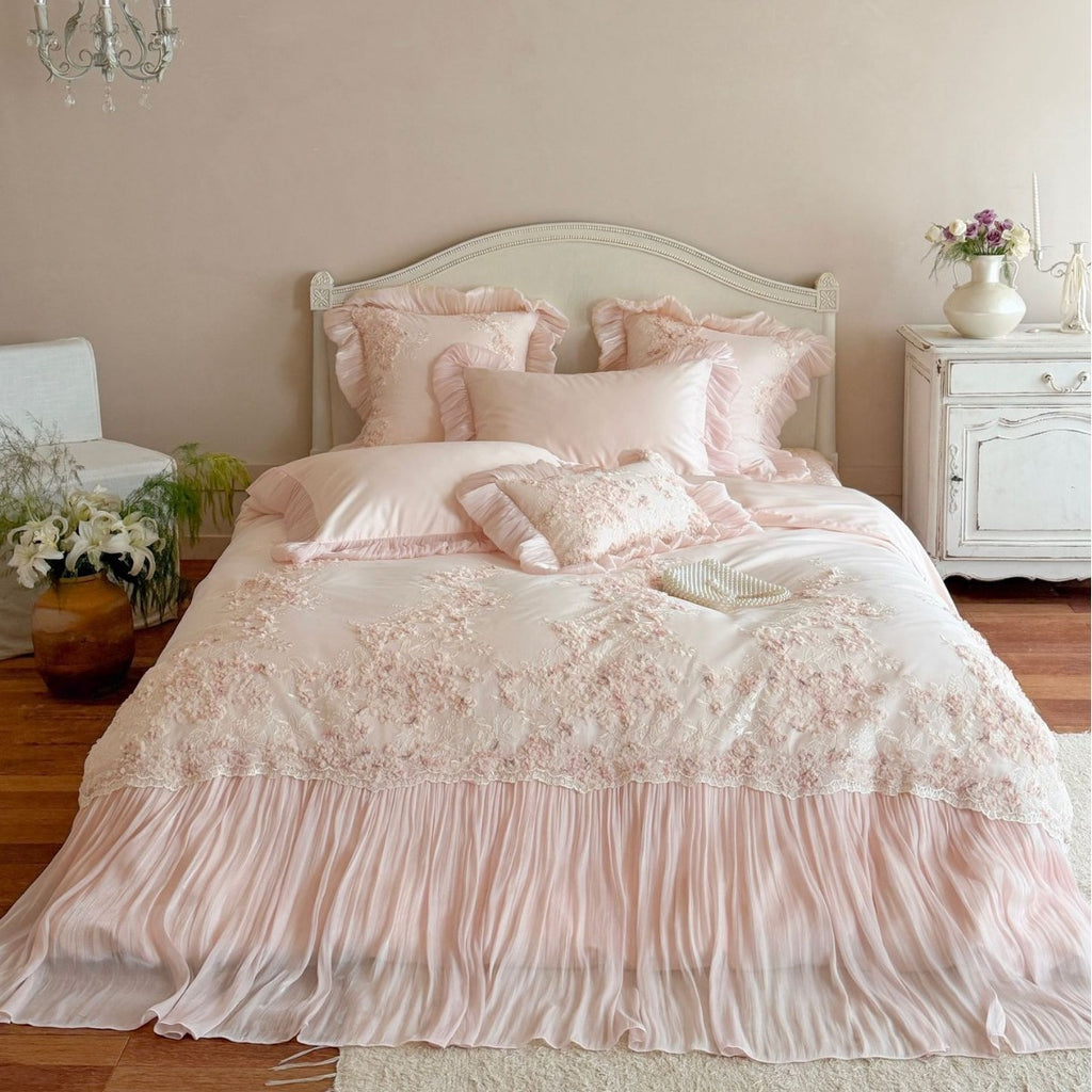 Luxurious romantic bedding set with ruffles, lace appliqué, and 3D floral embroidery