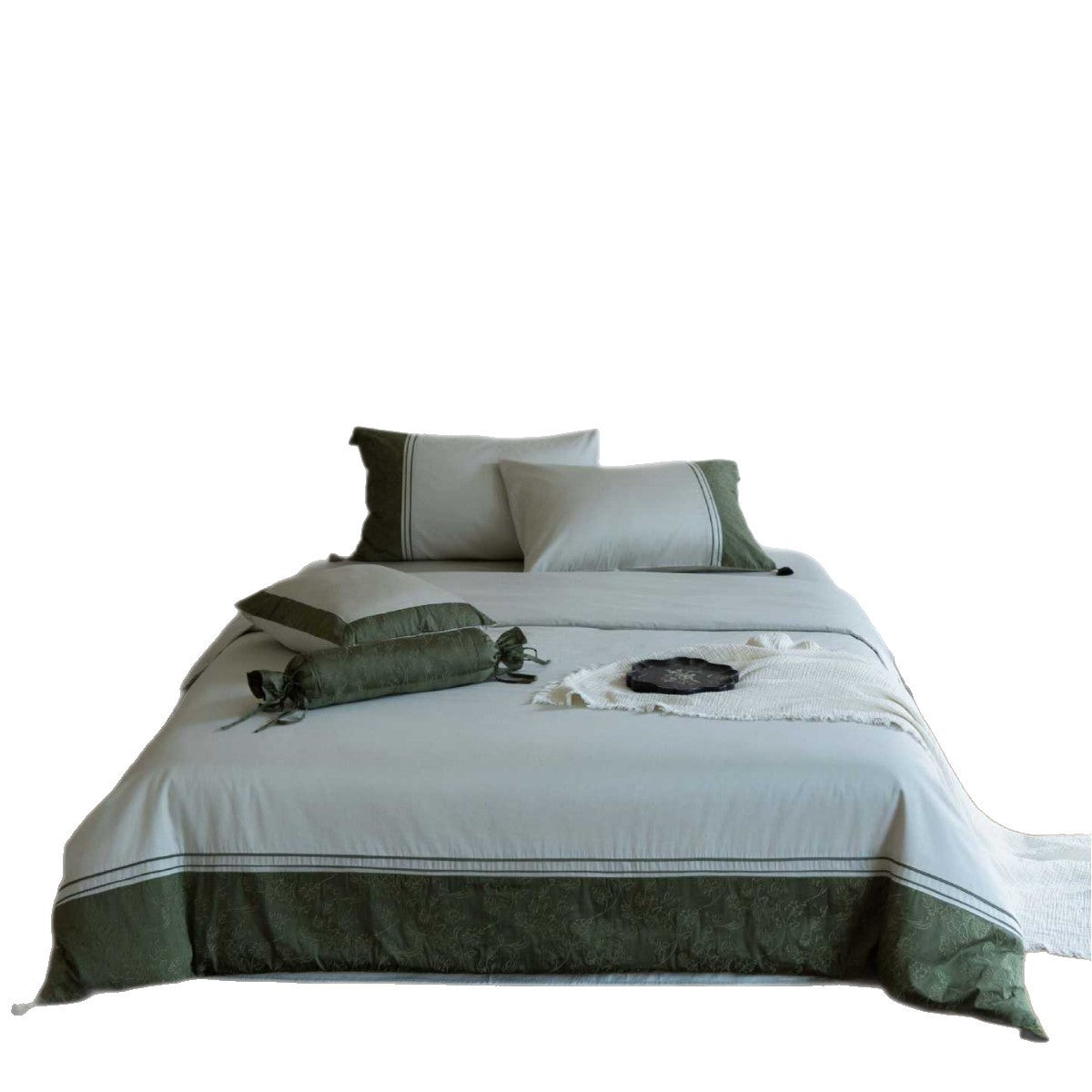 Luxurious cotton satin bedding set with decorative borders and decorative pillows
