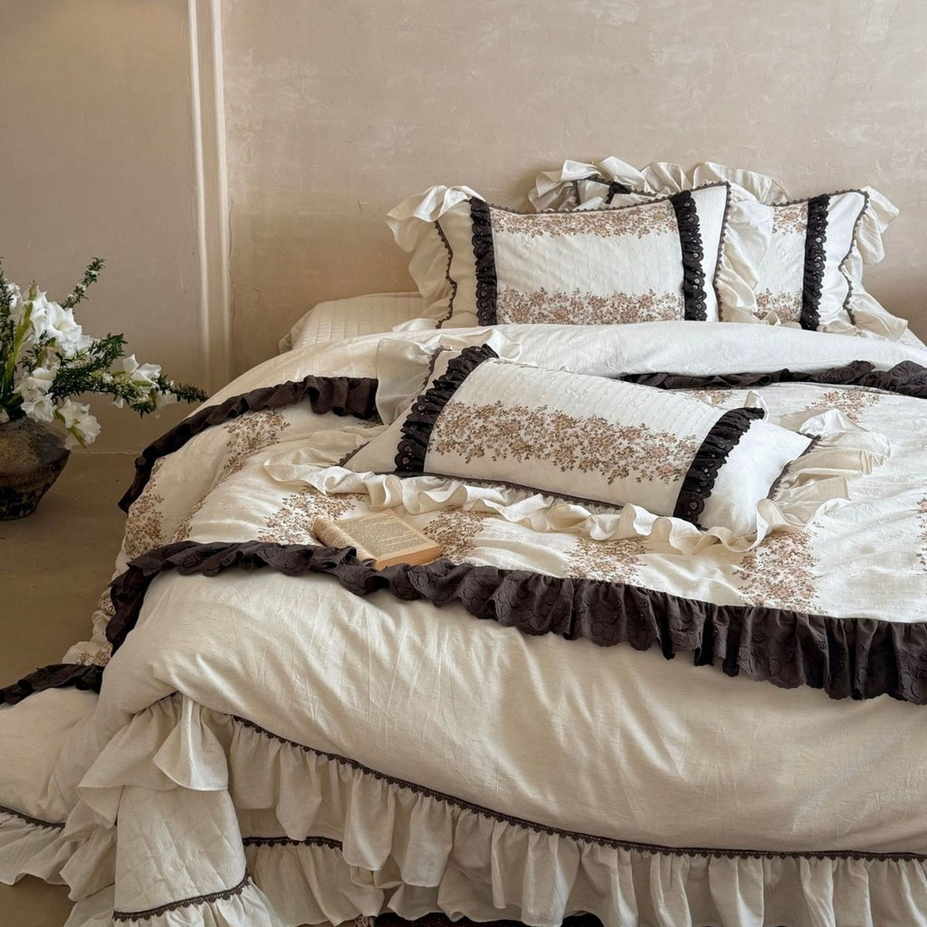 Vintage-inspired country house bedding set with ruffles and floral ribbon embroidery
