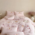 Embroidered cotton percale bed linen set with cute bear and cherry appliqués