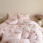 Embroidered cotton percale bed linen set with cute bear and cherry appliqués