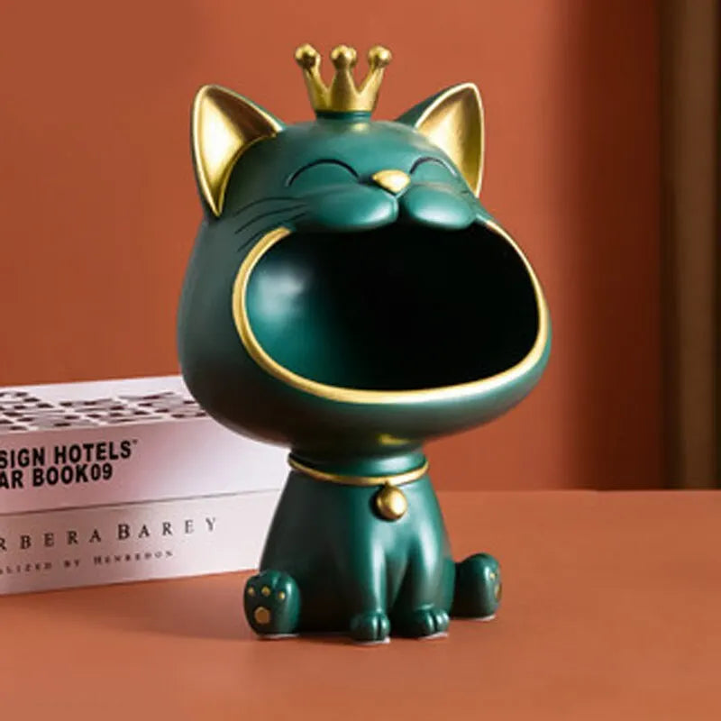 Fortune Crown Big Mouth Cat Entrance Key Holder Decorative Ornament, Light Luxury Housewarming Gift Sculpture