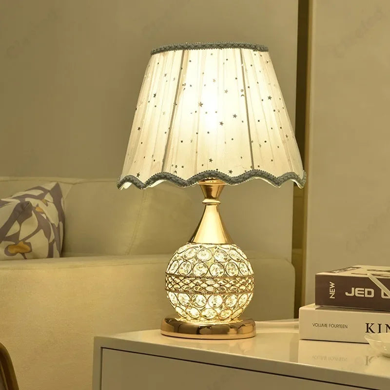 Luxury European Style LED Table Lamp with Fabric Lampshade & Crystal Base – Warm Romantic Bedroom Bedside Light
