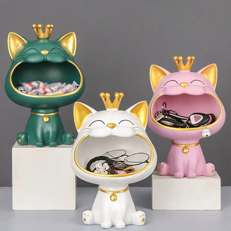 Fortune Crown Big Mouth Cat Entrance Key Holder Decorative Ornament, Light Luxury Housewarming Gift Sculpture
