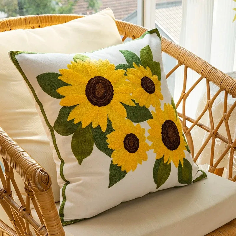 Cotton Embroidered Decorative Pillow 45x45 cm with Sunflower Pattern
