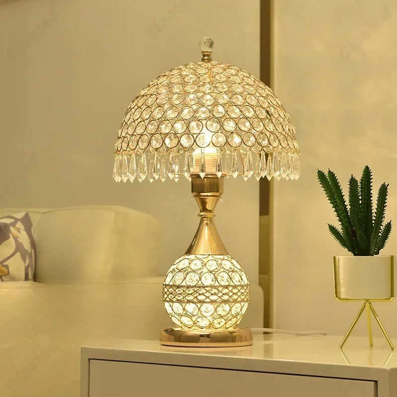 Luxury European Style LED Table Lamp with Fabric Lampshade & Crystal Base – Warm Romantic Bedroom Bedside Light