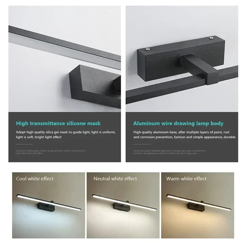 Modern LED Wall Lamp – Three-Color Bathroom Sconce with Aluminum Finish for Mirror, Bath & Home Decor