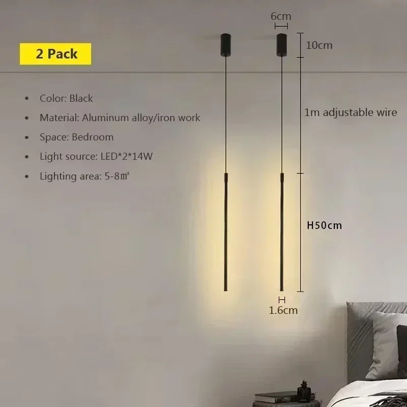 Modern LED Long Pendant Light for Dining Room, Bedroom & Living Room – Touch Switch, Aluminum Hanging Lamp, White & Black Lampshade
