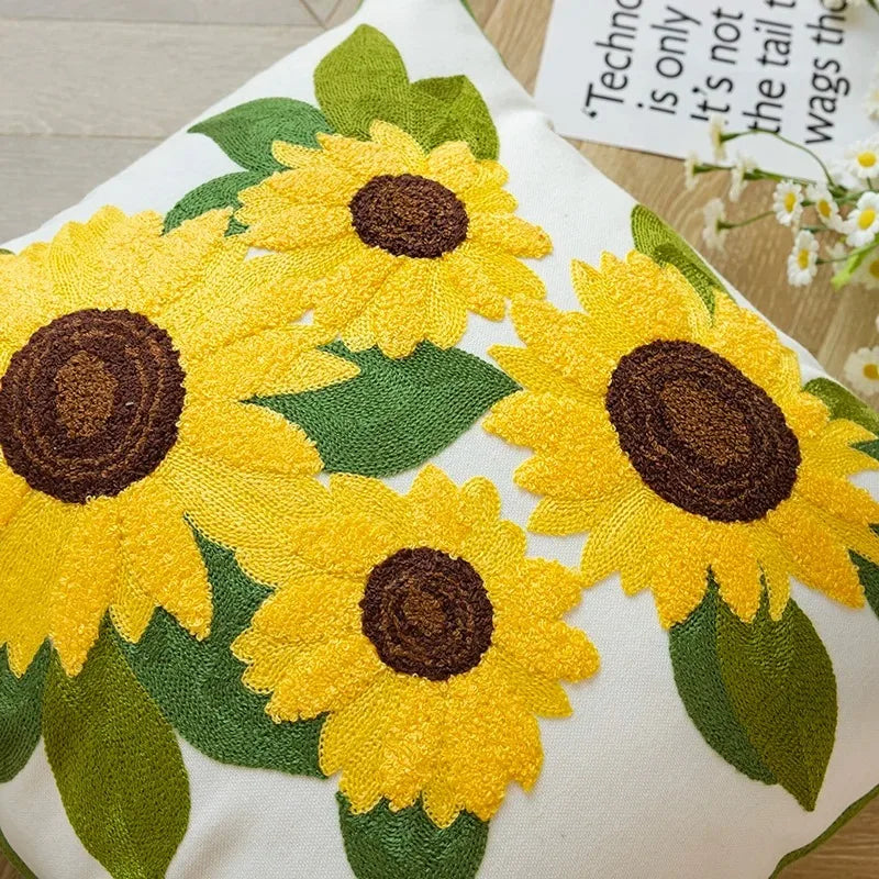 Cotton Embroidered Decorative Pillow 45x45 cm with Sunflower Pattern