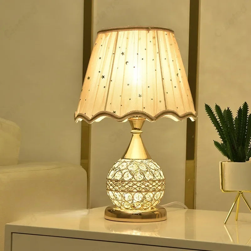 Luxury European Style LED Table Lamp with Fabric Lampshade & Crystal Base – Warm Romantic Bedroom Bedside Light