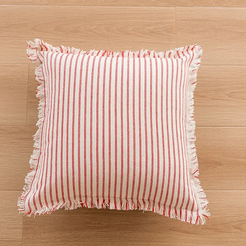 Elegant Pillowcase with Jacquard Pattern and Fringes - Cotton-Linen Blend