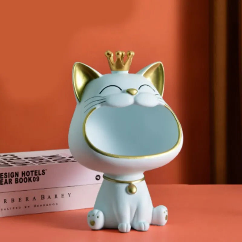 Fortune Crown Big Mouth Cat Entrance Key Holder Decorative Ornament, Light Luxury Housewarming Gift Sculpture
