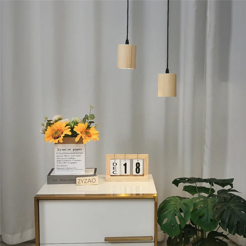 Modern Wooden Pendant Light – Nordic Style Solid Wood Lamp for Living Room, Bedroom, Bar, and Restaurant, E27 Bulb Base