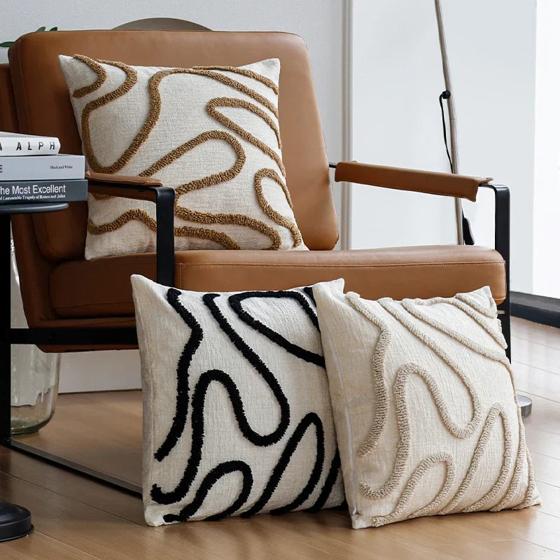 Boho Chenille Cushion with Soft Geometric Lines for Sofa and Living Room